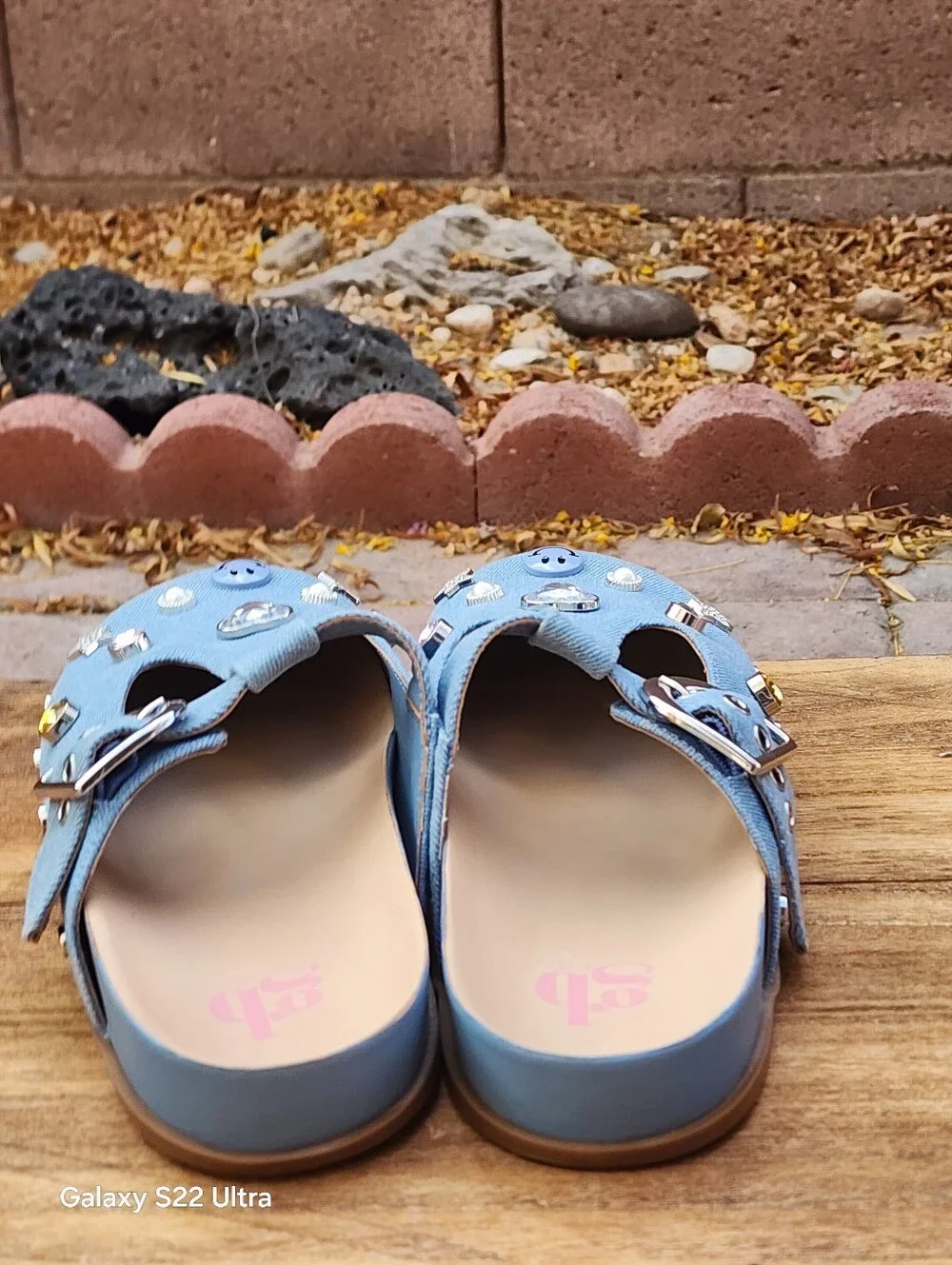 Gb Girls Light Blue Denim Jeweled Mules Sandals Youth Size 5